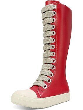 🆕Women's Red Knee-High School Bicycling Boots Thick Laces Comfort